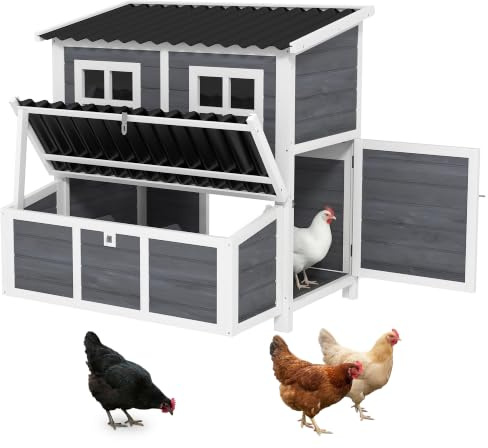 PawHut Poulailler en Bois Moderne XL 2-4 Poules 100x86cm Gris | Toit en PVC Ondulé Hydrofuge et Surélevé, Nid de Ponte Accessible, 3 Compartiments, Tiroir Amovible