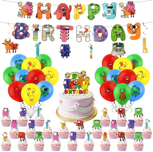 52Pcs Birthday Party Decorations, Cartoon Balloons Party Supplies Theme Party Decorations,Happy Birthday Banner Balloons Cake Topper Spiral Decoration for Kids Boys Girls