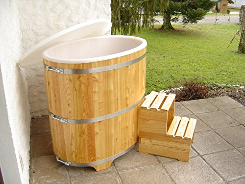 Vasca per sauna in legno di larice con inserto in plastica e coperchio in plastica