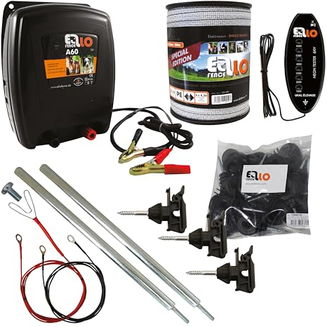 Ellofence Pferde Weidezaun Set - Leises Akku Weidezaungerät inkl. 200m Weideband, 2-teiligem Erdungsset, 25 Band- und Seilisolatoren & LED Zaunprüfer - Premium Elektrozaun Zubehör