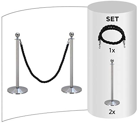 2-Stück-Set FLEXIBARRIER Personenleitsystem Absperrung mit Kordel -Basic- (Silber) Kordelständer/Absperrständer (2X Pfosten + 1x Schwarz Kordel)