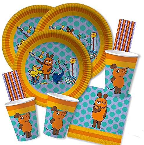 dh-konzept/spielum 68-teiliges Party-Set - Die Maus - Teller Becher Servietten Trinkhalme für 16 Kinder