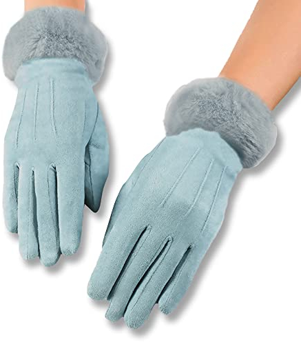 axelens Damen Winter Touchscreen Kunstlederhandschuhe, Super Weich, Warme und Elegant aus Wildleder, Ärmel in ökologischem Weichpelz für Smartphone, Handy Größe S/M – HELLBLAU
