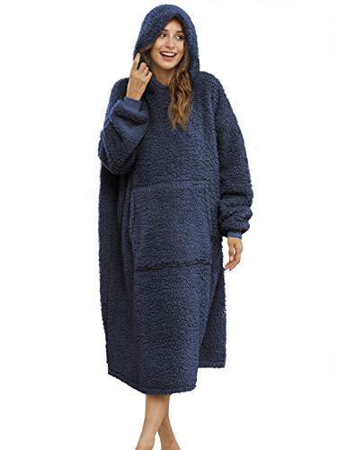 ililmmoe Sherpa tragbare Decke Übergroße Hoodie Sweatshirt TV Decke mit Langen Ärmeln und Tasche-Navy One Size