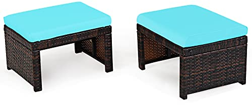 GOPLUS 2er Set Rattan Ottomane, Sitzhocker mit Sitzkissen, Fußhocker, Abnehmbarer Bezug mit Reißverschluss, Stahl-Rahmen, Kissen mit Schaustoff Gepolstert, für Terrasse Garten Balkon Pool (Blau)