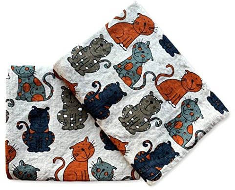 JOWOLLINA 2er-Set: Gourmet Geschirrtücher Küchenhandtücher Handtücher Tücher 44x68 cm Halbleinen Stonewashed Bedruckt (Katze orange)