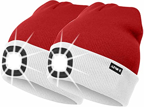 ATNKE 2Pcs Neue Warme LED beleuchtete Mütze,Unisex USB wiederaufladbare Laufmütze Ultra Bright 4 LED wasserdichte Lichtlampe Mehrfarbig (Weiß/Rot Weihnachten, Einheitsgröße)