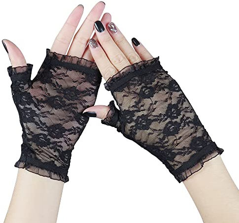 IRYNA Fingerless Lace Gloves - Black Lace Gloves for Women, Halloween Party Costume Accessory