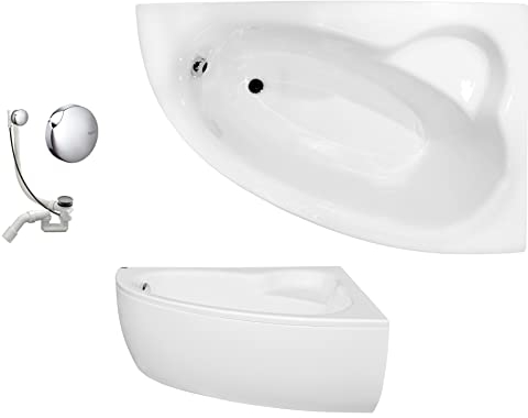VBChome Badewanne 150x100 cm Acryl SET Schürze Siphon Wanne Ecke Eckbadewanne Weiß Design Modern Ablaufgarnitur Viega Simplex Wanne rechts Schürze Ablaufgarnitur Füße