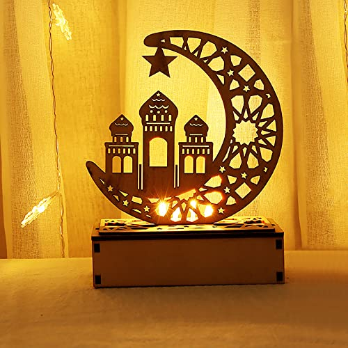 WANGCL Eid Crafts Nachtlicht Ramadan Mubarak Lampe Dekorationen 3D handgefertigt Holz Mond Stern LED Lichter Dekor Geschenk für Muslime Home Party Supplies (Mondpalast)