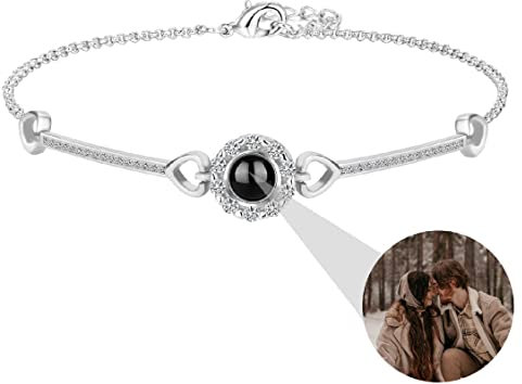 925 Sterling Silver Personalised Photo Bracelet With Picture Inside Custom Heart Projection I Love You 100 Languages for Women Memory of Love Jewelry Gift (Silver-Round 1)