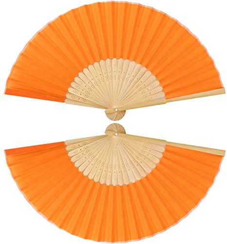 Faltbare Handfächer, 2 Stück Seide Stoff Bambus Chinesische Hochzeitsfächer für Herren und Frauen Faltfächer für Hochzeit Aufführung Tanz Deko Festival (Orange, Klassischer Stil)