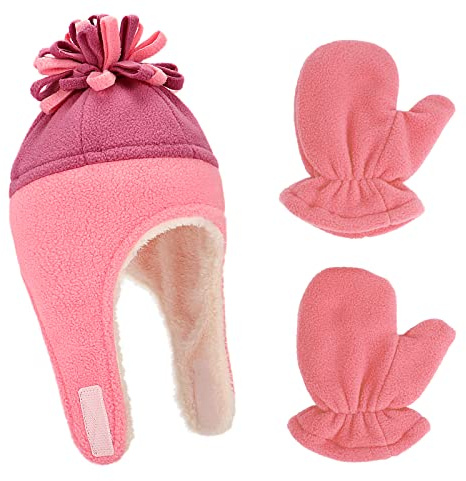 LACOFIA Bonnet en Molleton Chaud pour Bébé Fille Ensemble Chapeau et Moufle de Pilote d'hiver à Oreillettes pour Enfants Rouge Pastèque/Violet 3-10 Ans