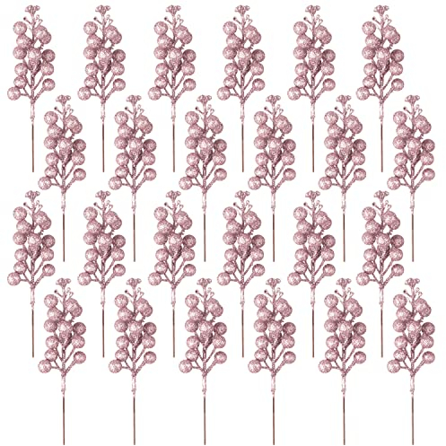 24 Stück glitzernde rosa Beerenstiele, 19.1 cm, Weihnachten, funkelnd, rote künstliche Beerenzweige, künstliche rote Beerenzweige für Weihnachtsbaum, Girlande, Kranz, Basteln, Winter, Heimdekoration