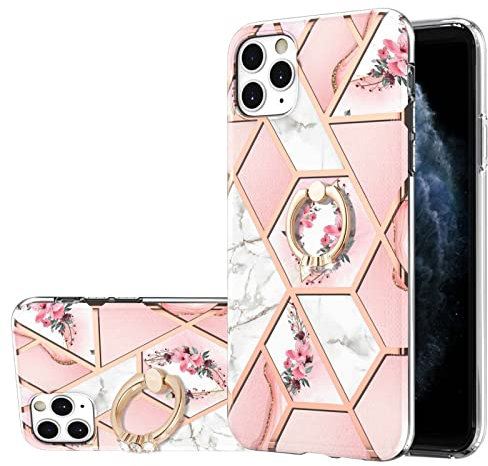 Blllue Case Compatible with iPhone 11 Pro Max, Luxury Shiny Floral Marble Slim Protective Case with 360 Degree Rotation Ring Holder for iPhone 11 Pro Max (Marble Pink Flower)