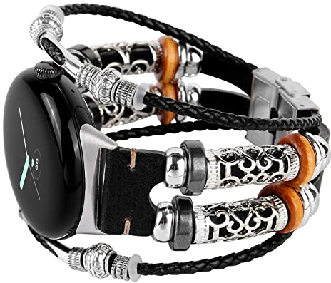 KONAFEI Kompatibel mit Google Pixel Watch 2 (2023)/Pixel Watch Band, schmal, handgefertigt, Lederarmbänder, Boho-Perlen, Metallschmuck, Retro-Armband, Zubehör für Damen und Herren, (A+B-Schwarz)