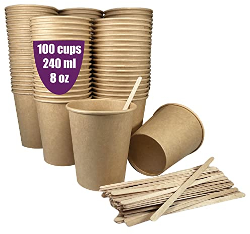 100 vasos desechables café kraft de 240 ml / 8 oz, vasos de cartón kraft desechables con paletinas de madera para café americano, café con leche y refrescos. Para llevar