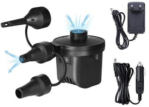 Pompa ad Aria Elettrica. Gonfiatore - Sgonfiatore Portatile per Piscine, Materassi. Gonfiatore per Materassi, Galleggianti, Confezioni Sottovuoto. 3 Ugelli e Tappi per Casa e Auto. 240V CA / 12V CC.