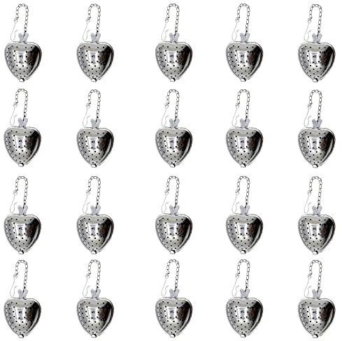 MIAO JIN Lot de 20 infuseurs à thé en acier inoxydable en maille en forme de cœur avec chaîne, cuillère à sucre, farine, tamis à thé, diffuseurs d'intervalles de thé pour feuilles en vrac, épices,