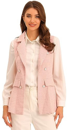 Allegra K Blazer sans manches à revers en tweed à carreaux pour femme avec poches Rose M