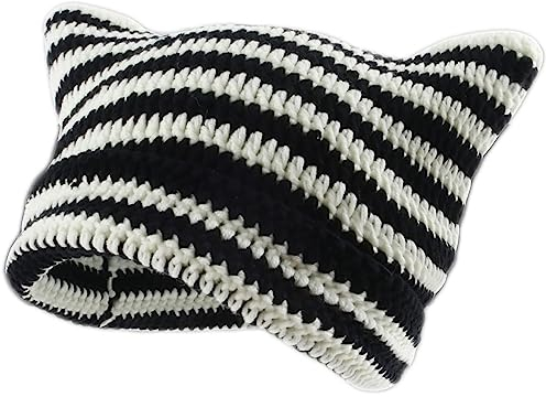 XehCaol Y2k Cat Beanie,Lustige Mütze Mit Ohren Katzenohren Strickmützen Knitted Hat Cat Ears Teufel hörner Mädchen Y2k Grunge Accessoires (White+Black)