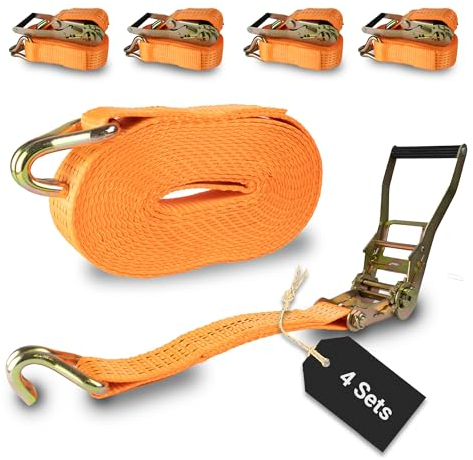 Rapid Spanngurte mit Ratsche 4 Stück - 50mm x 6m zweiteilig/bis zu 5000kg belastbarer reißfester Zurrgurt/schnelle und sichere Zurrgurte mit Ratsche orange/Zurrschlaufen für 5000 daN (5t)