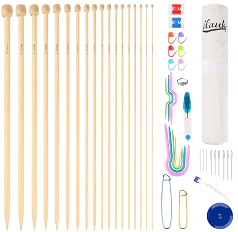 ilauke 70Pcs Bamboo Knitting Needle Set, 18 Pairs Single Pointed Wooden Knitting Needles 2mm-10mm, Knitting Kit for Beginners Adults, with 33Pcs Knitting Accessories