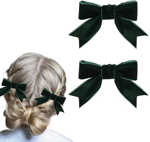 lasuroa 2pcs Velvet Hair Bows Clip, 3.15in Bowknot Hair Barrette Alligator Bows Knot Hair Clips Handmade Vintage Hairpins Hair Accessory for Women Girls Gifts(Dark Green)