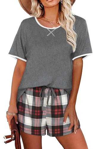 Ekouaer Schlafanzug Damen Kurz Pyjama Damen Kurz Sommer Schlafanzüge Shorty Schlafshorts für Frauen Zweiteiliger Kurzarm Sleepshirt, Grau-Karierte Shorts, M