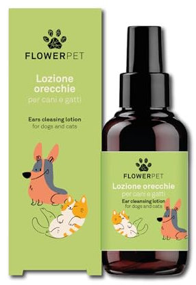 FLOWER PET, Lozione Orecchie per Cani e Gatti, Azione Detergente e Antibatterica, Antiodore e Purificante, con Estratti di Canapa, Lavanda e Tea Tree, 100 ml
