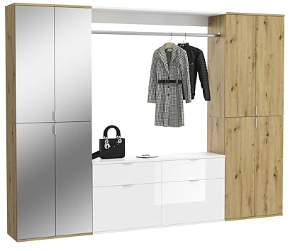 xonox.home - Garderobenkombination Projekt X 3-tlg. Set 243x193x34 cm in Artisan Eiche / weiß und Artisan Eiche / Spiegelglas und weiß hochglanz - Garderobenschrank - funktional