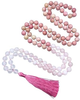 INFINITY GEMS Natural AAA Rose Quartz Mala Beads Necklace 108 Mala Prayer 8mm Knotted Energy Protection Balance Necklace Healing Meditation Tassel Japa Mala