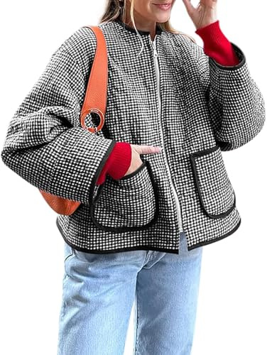 Yousify Womens Jackets Fall Fashion 2025 Crew Neck Quilted Plaid Jacket Full Zipper Coats S-2XL