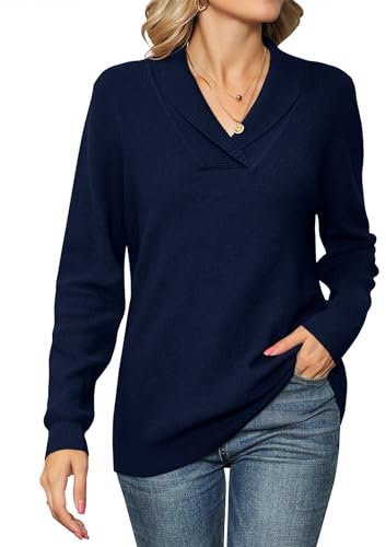 IECCP Ladies Jumpers V Neck Women's Long Sleeve Tops Lapel Knit Sweater Solid Color Pullover Navy Blue XL