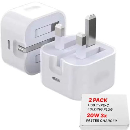 2 Pack 20W USB C Plug ONLY Fast Charge UK Folding Travel Adapter with PD Quick Charge - 3x Faster 20W USB-C Power Adapter for iPhone 16/15/14/13/12/11 Pro/SE, iPad, Samsung Galaxy S23/S22