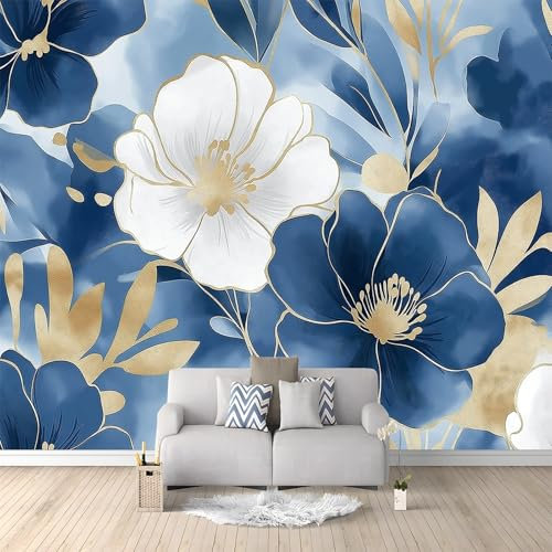 Fotomurale Carta da parati Fiori Blu Dell'Acquerello 350x256 cm Fotomurali Murale 3D Poster Gigante Moderna, Carta da Parati Decora per Camera Letto, Soggiorno, Stanza dei Bambini