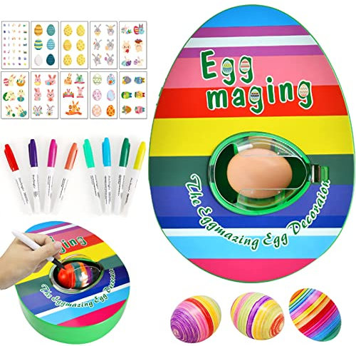 Ostereier Maschine,Osterei Dekorationsset,Ostereier Malmaschine zum Bemalen,Oster Eier Dekos Kit mit Eier-Malgerät,8 Farben Marker Stiftes,3 Eier & 10 Aufkleber,DIY Gemalte Deko Ostereier für Kinder