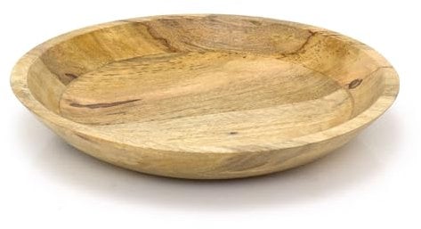 Natural Mango Wood Shallow Fruit Bowl | Large Round Wooden Fruit Bowl | Rustic Kitchen Serving Dish - 37cm