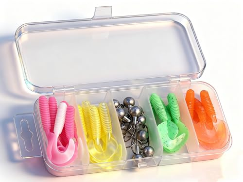 Annlpoy 25 stück Forellenköder Gummi Set mit Box barsch köder Angelhaken lieblingsköder, UV-Aktive Gummiköder für Forellen, Inklusive Angelhaken, Forellenangeln