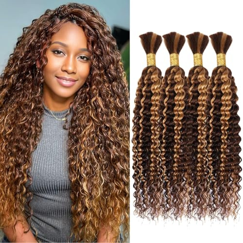 Deep Wave Bulk Human Hair for Boho Braids Human Braiding Hair For Micro Braid 100% No Weft Brazilian Virgin Curly Human Hair Extensions for Boho Braids P4/27# 20Inch 200g