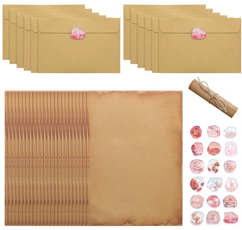 54 Stück Vintage Briefpapier mit Umschlag, Set Vintage Schreiben mit 12 Vintage-papier Briefumschläge, 24 A5 vintage papier und 18 Wachssiegel aufkleber, für Liebesbrief, Hochzeit, Geburtstag