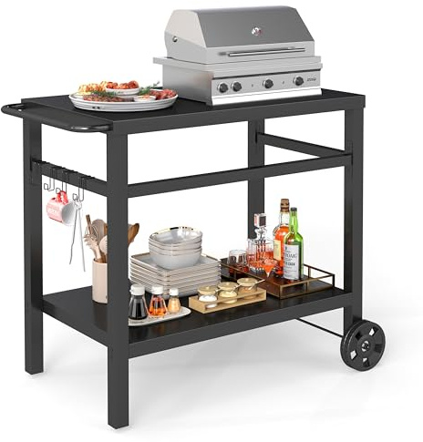 2-stöckiger Grilltisch für den Außenbereich mit Metallplatte, Grillwagen für Terrasse, Hinterhof
