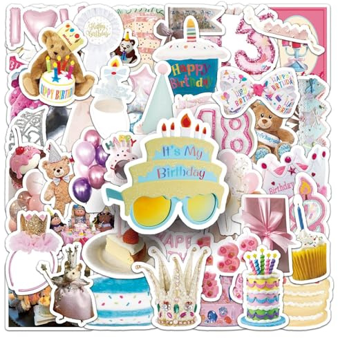 50 adesivi di compleanno per bagagli, paraurti, casco, chitarra, notebook, scrapbooking, bottiglia d'acqua, computer portatile, adesivi in vinile impermeabili per feste di buon compleanno, adolescenti