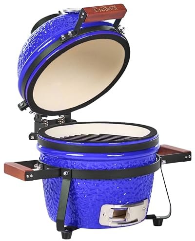 Outdoor Ceramic Charcoal Grill BBQ with Lid and Thermometer Cooking Grate Blue Kamado