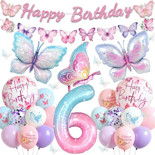 Tasoraor Schmetterling Deko Geburtstag 6 Jahre Mädchen - 46 Stück Geburtstagsdeko Luftballons Girlande und Folienballon, Rosa Schmetterlinge Ballons für 6. Kindergeburtstag Dekoration
