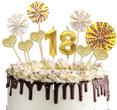 Geburtstagskerzen Zahlen 18 mit 9 Tortendeko, Birthday Candles Cake Topper | 3D Gold Glitzer Kerzen 18. Geburtstag Kuchendeko für Geburtstag, Hochzeit, Jubiläum