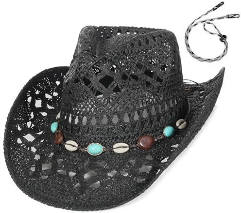 GEMVIE Straw Cowboy Hat for Women Ladies Summer Beach Straw Hat Shapable Brim Western Cowgirl Sun Hat with Turquoise Band and Chin Strap