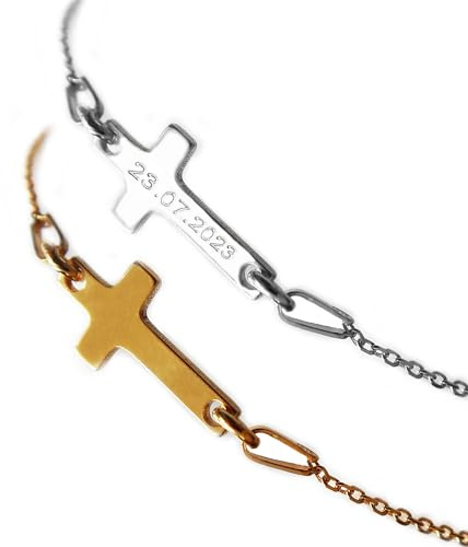 LATIGGA Kreuz Armband mit Gravur, 925 Silber oder Vergoldet | Personalisiertes Geschenk für Mädchen und junge Damen