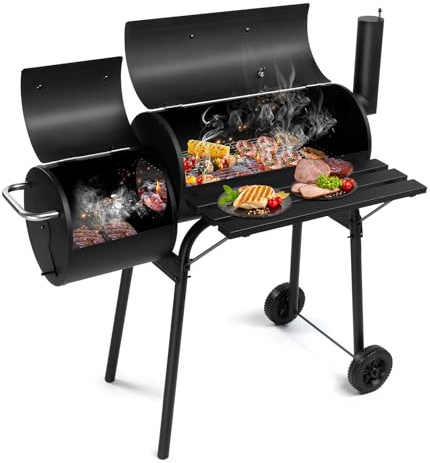 LEADZM - Barbacoa de carbón de leña con gran parrilla para hornear, doble chimenea, carro de barbacoa móvil de alta gama - ahumadero de metal para jardín y terraza, 111x54x93 cm