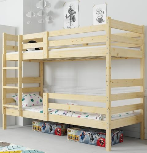 Interbeds Etagenbett Erik 90x200 Hochbett Stockbett aus Kiefernholz roh mit Leiter mit Lattenrost Naturholz Jugendbett Kinderbett für 2 Personen, teilbar in 2 Einzelbetten (Erik Naturholz, 200x90)